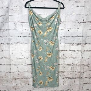 Iris Teal Green Butter Yellow Floral Cowl Neck Cami Slip Dress Women's Medium